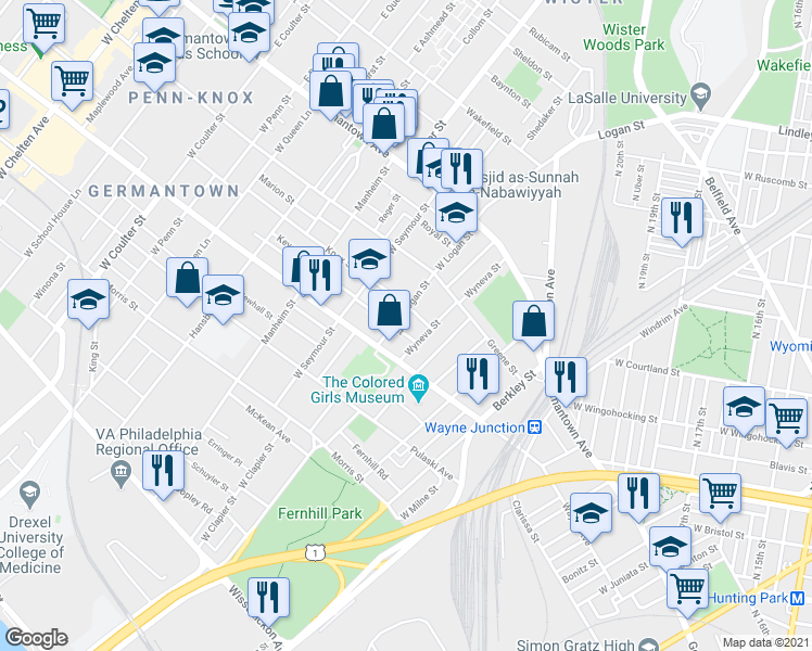 map of restaurants, bars, coffee shops, grocery stores, and more near 152 West Logan Street in Philadelphia