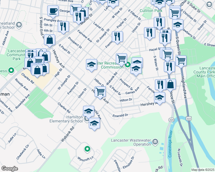 map of restaurants, bars, coffee shops, grocery stores, and more near 504 South Pearl Street in Lancaster