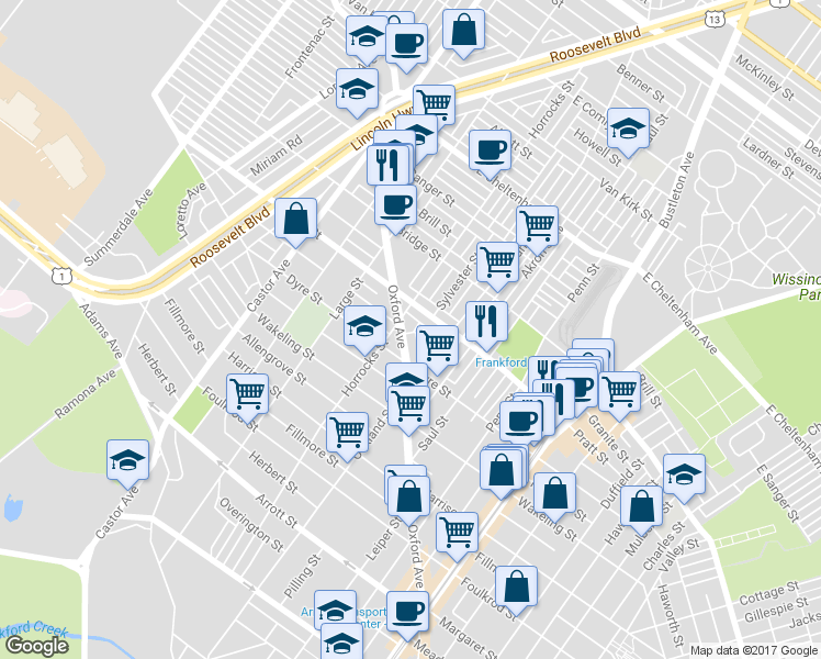 map of restaurants, bars, coffee shops, grocery stores, and more near 5145 Oxford Avenue in Philadelphia