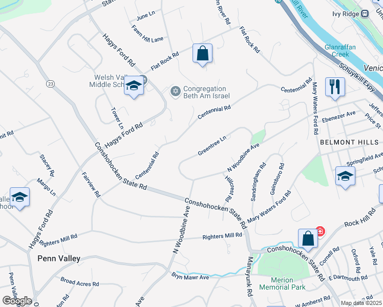 map of restaurants, bars, coffee shops, grocery stores, and more near 1136 Greentree Lane in Narberth