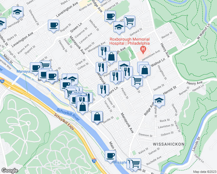 map of restaurants, bars, coffee shops, grocery stores, and more near 4115 Manayunk Avenue in Philadelphia