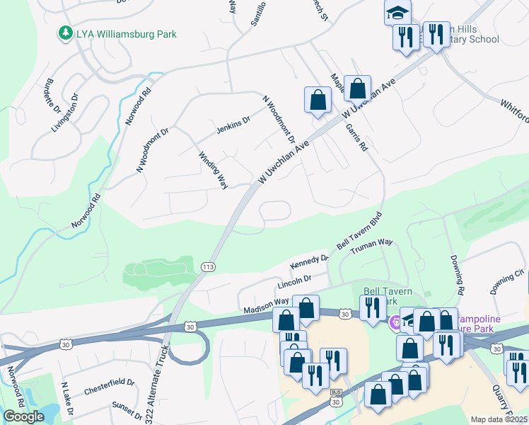 map of restaurants, bars, coffee shops, grocery stores, and more near 204 Tall Trees Circle in Downingtown
