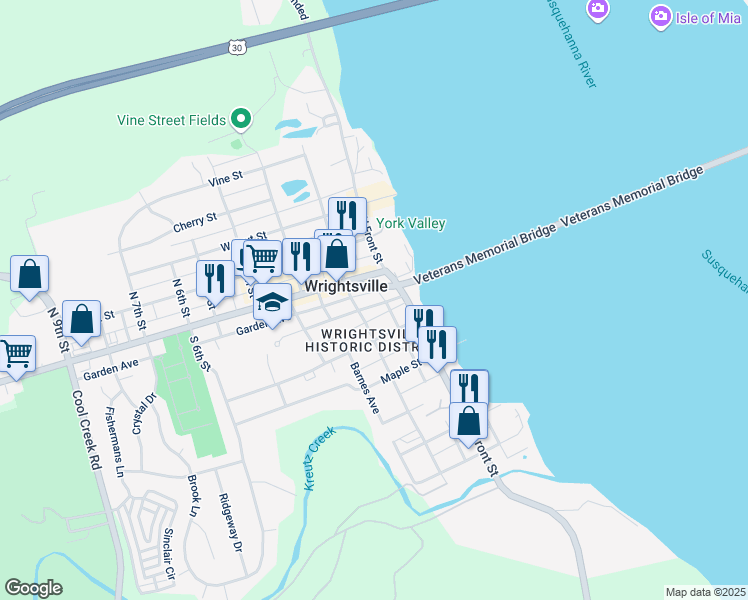 map of restaurants, bars, coffee shops, grocery stores, and more near 120 Chestnut Street in Wrightsville