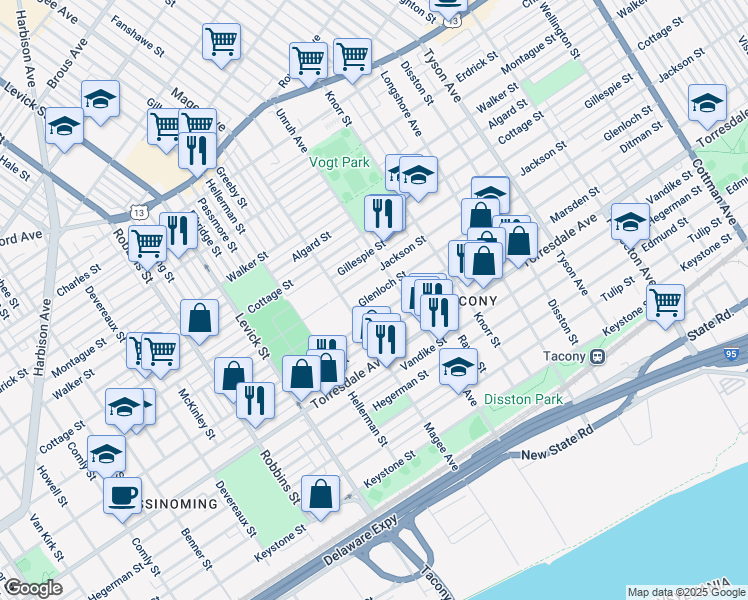 map of restaurants, bars, coffee shops, grocery stores, and more near 6621 Glenloch Street in Philadelphia