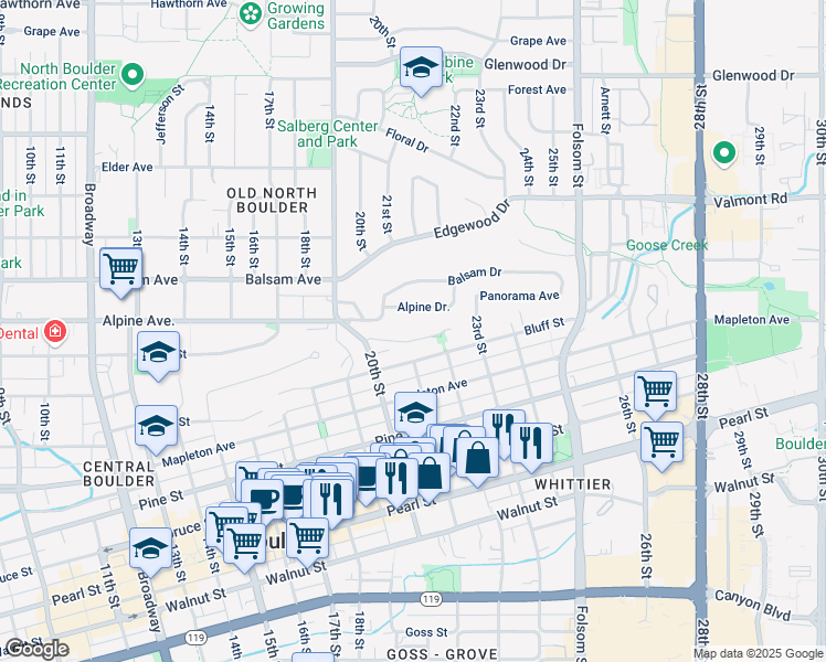 map of restaurants, bars, coffee shops, grocery stores, and more near 2049 Bluff Street in Boulder