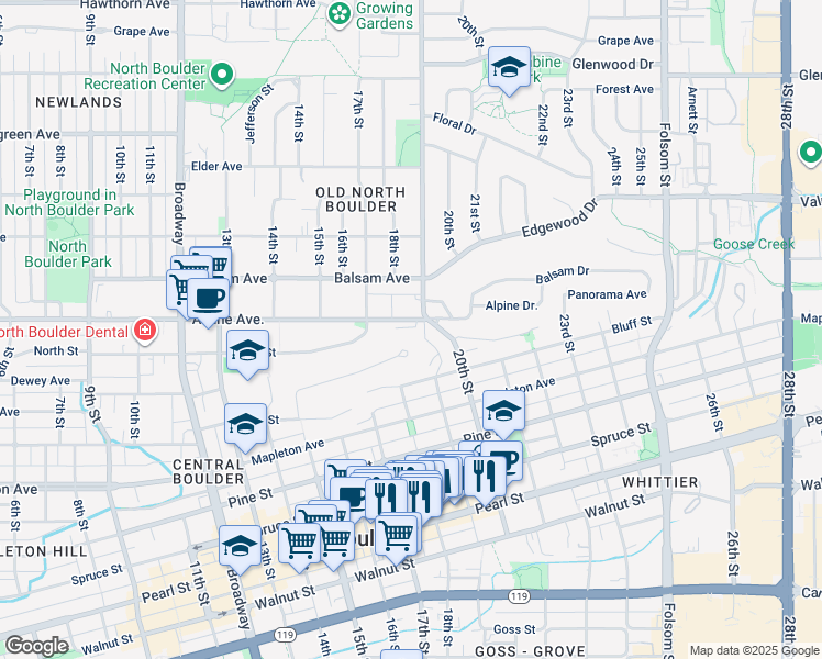 map of restaurants, bars, coffee shops, grocery stores, and more near 1800 Sunset Boulevard in Boulder