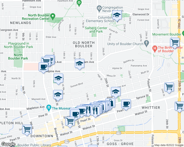 map of restaurants, bars, coffee shops, grocery stores, and more near 1800 Sunset Boulevard in Boulder