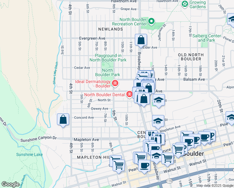 map of restaurants, bars, coffee shops, grocery stores, and more near 940 North Street in Boulder