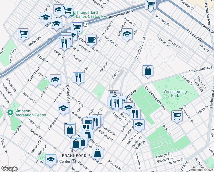 map of restaurants, bars, coffee shops, grocery stores, and more near 5200 Penn Street in Philadelphia