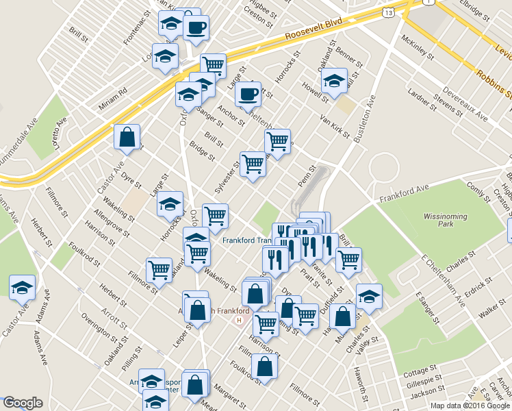 map of restaurants, bars, coffee shops, grocery stores, and more near 1215 Pratt Street in Philadelphia