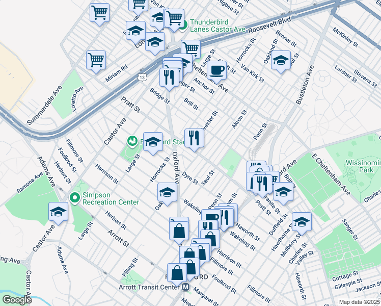 map of restaurants, bars, coffee shops, grocery stores, and more near 5117 Oxford Avenue in Philadelphia