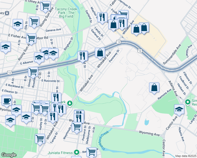 map of restaurants, bars, coffee shops, grocery stores, and more near 5035 Pennway Street in Philadelphia