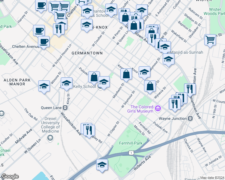 map of restaurants, bars, coffee shops, grocery stores, and more near 5102 Pulaski Avenue in Philadelphia
