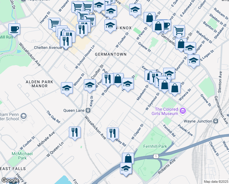 map of restaurants, bars, coffee shops, grocery stores, and more near 5200 Morris Street in Philadelphia