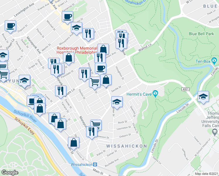 map of restaurants, bars, coffee shops, grocery stores, and more near 476 Seville Street in Philadelphia