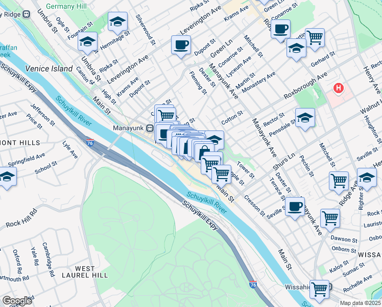 map of restaurants, bars, coffee shops, grocery stores, and more near 4313-17 Main Street in Philadelphia