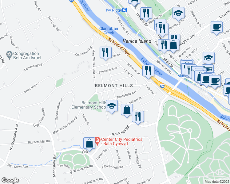 map of restaurants, bars, coffee shops, grocery stores, and more near 12 Elmwood Avenue in Bala Cynwyd