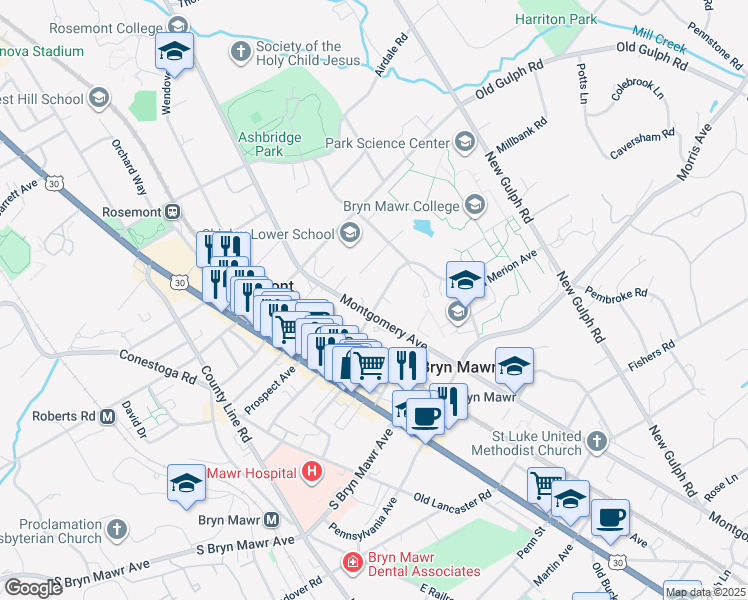 map of restaurants, bars, coffee shops, grocery stores, and more near 900 Montgomery Avenue in Bryn Mawr