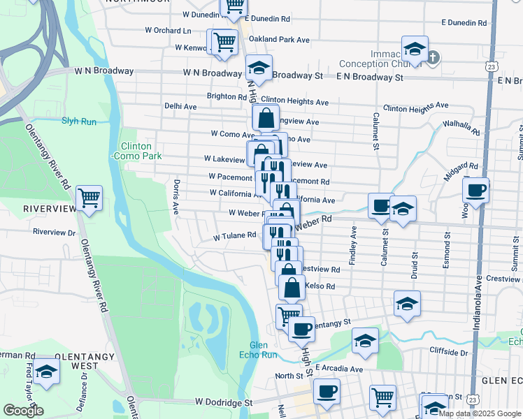 map of restaurants, bars, coffee shops, grocery stores, and more near 16 West Tulane Road in Columbus