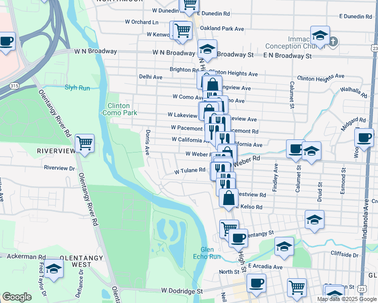 map of restaurants, bars, coffee shops, grocery stores, and more near 3082 Neil Avenue in Columbus