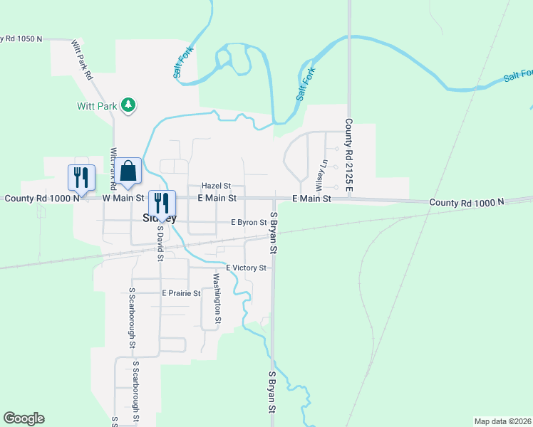 map of restaurants, bars, coffee shops, grocery stores, and more near 411 East Byron Street in Sidney