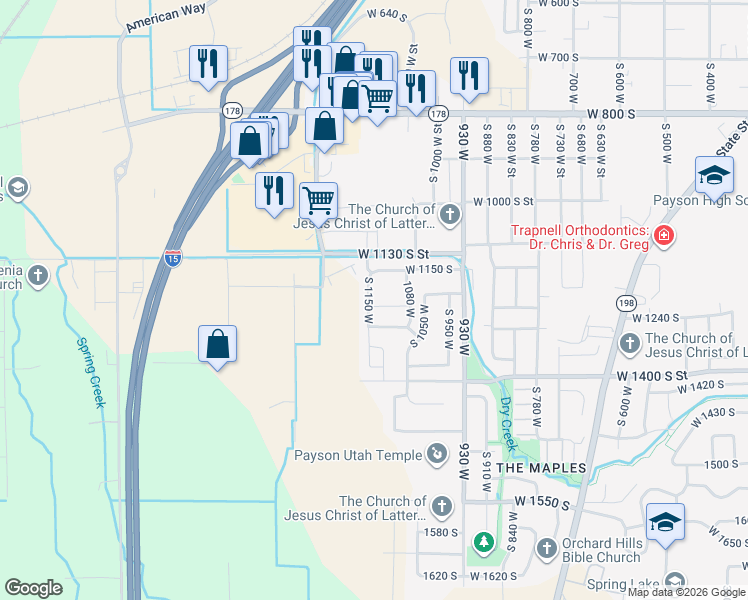 map of restaurants, bars, coffee shops, grocery stores, and more near 1146 West 1260 South in Payson