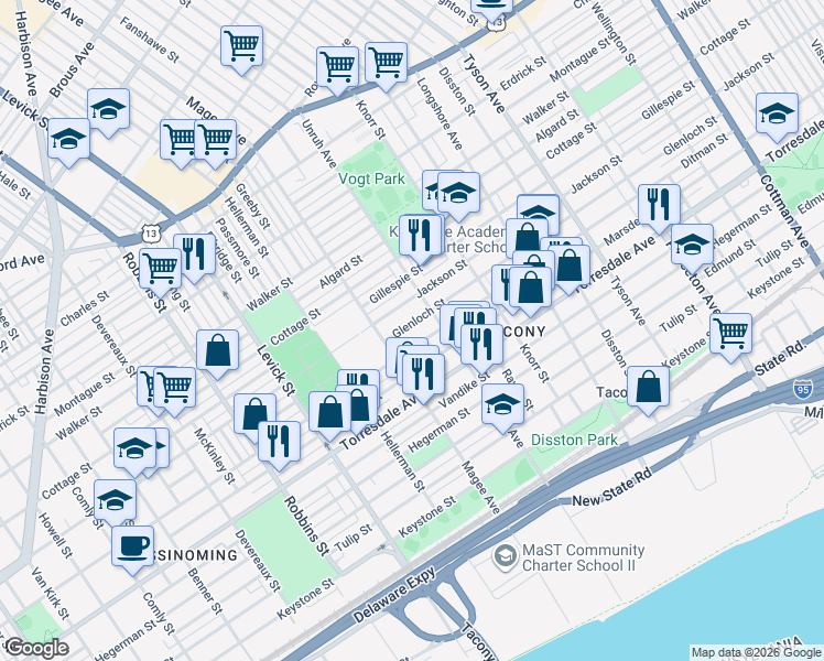 map of restaurants, bars, coffee shops, grocery stores, and more near 6618 Marsden Street in Philadelphia