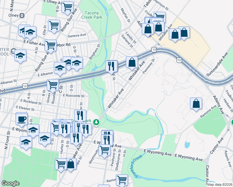 map of restaurants, bars, coffee shops, grocery stores, and more near 4977 Whitaker Avenue in Philadelphia