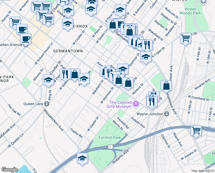 map of restaurants, bars, coffee shops, grocery stores, and more near 5024 Tacoma Street in Philadelphia