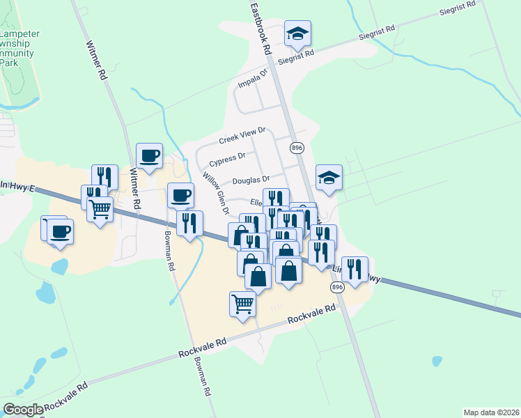 map of restaurants, bars, coffee shops, grocery stores, and more near 2461 Willow Glen Drive in Lancaster