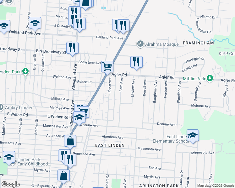 map of restaurants, bars, coffee shops, grocery stores, and more near 2776 Joyce Avenue in Columbus