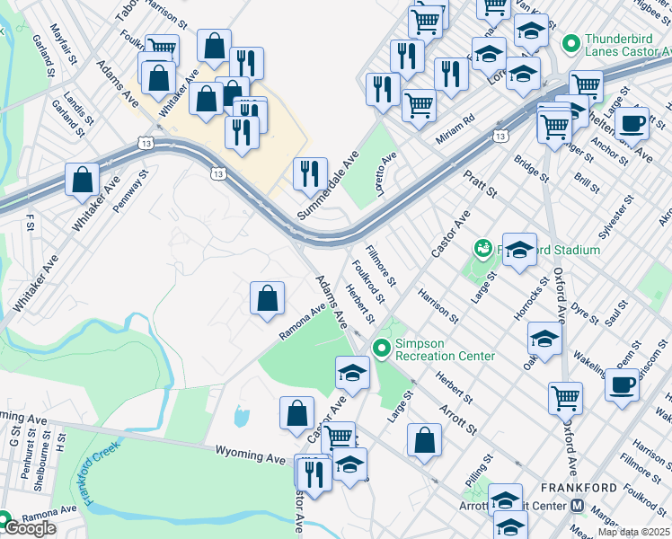 map of restaurants, bars, coffee shops, grocery stores, and more near 4718 Ramona Avenue in Philadelphia