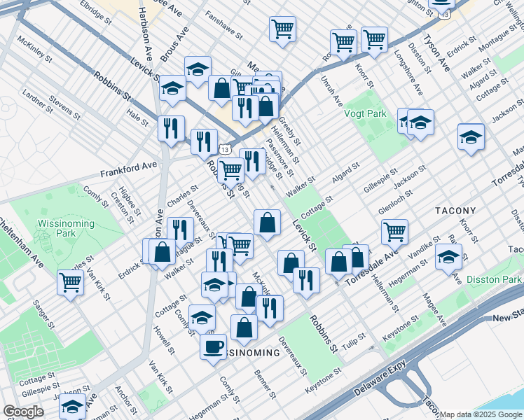 map of restaurants, bars, coffee shops, grocery stores, and more near 6301 Walker Street in Philadelphia
