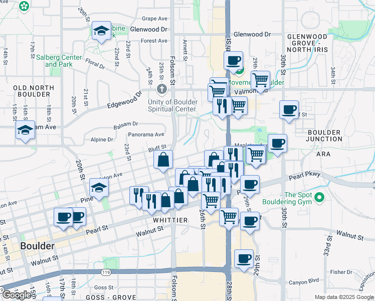 map of restaurants, bars, coffee shops, grocery stores, and more near 2607 Mapleton Avenue in Boulder