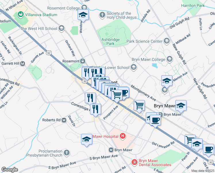 map of restaurants, bars, coffee shops, grocery stores, and more near in Bryn Mawr