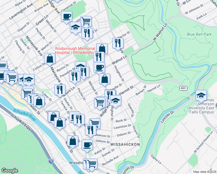 map of restaurants, bars, coffee shops, grocery stores, and more near 476 Seville Street in Philadelphia
