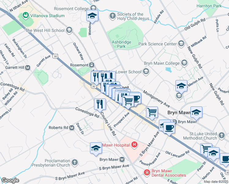 map of restaurants, bars, coffee shops, grocery stores, and more near 13 Franklin Street in Bryn Mawr
