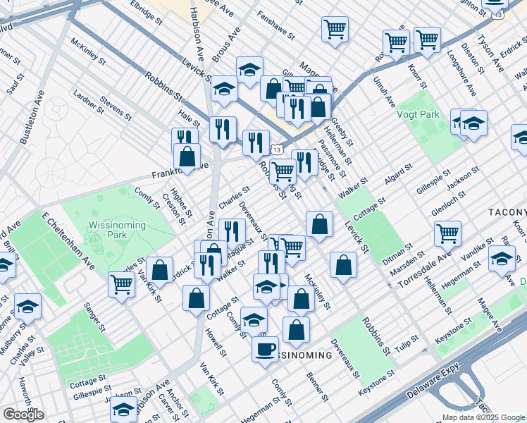 map of restaurants, bars, coffee shops, grocery stores, and more near 6224 Erdrick Street in Philadelphia