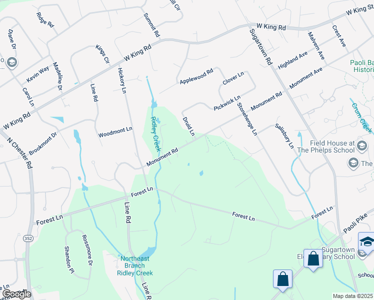 map of restaurants, bars, coffee shops, grocery stores, and more near 1 Lucas Lane in Malvern