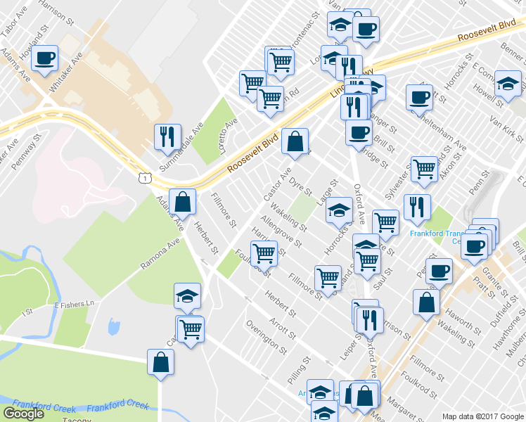 map of restaurants, bars, coffee shops, grocery stores, and more near 1005 Allengrove Street in Philadelphia
