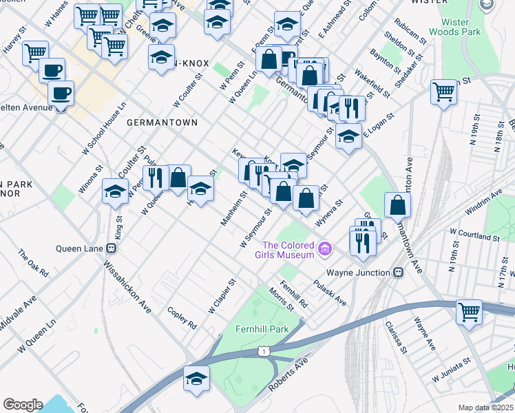 map of restaurants, bars, coffee shops, grocery stores, and more near 5024 Tacoma Street in Philadelphia