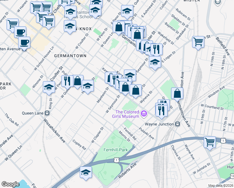 map of restaurants, bars, coffee shops, grocery stores, and more near 237 West Clapier Street in Philadelphia