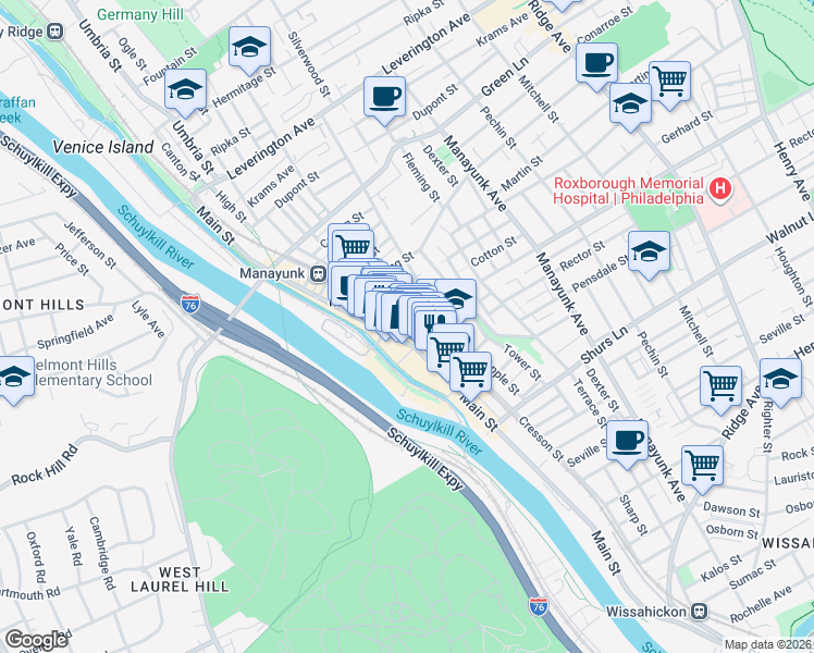 map of restaurants, bars, coffee shops, grocery stores, and more near 4313-17 Main Street in Philadelphia