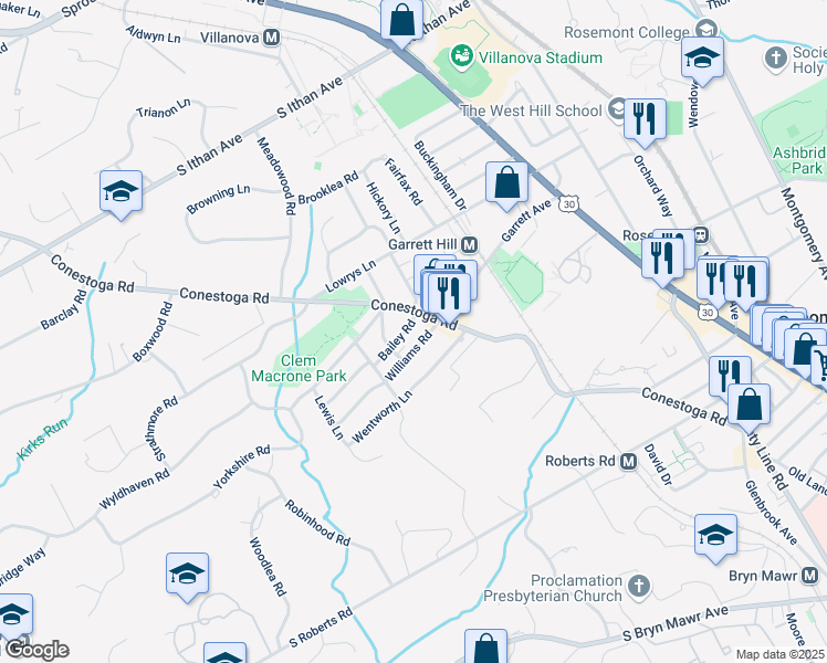 map of restaurants, bars, coffee shops, grocery stores, and more near 238 Williams Road in Bryn Mawr