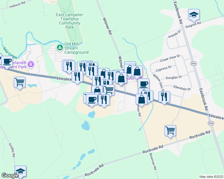 map of restaurants, bars, coffee shops, grocery stores, and more near 2350 Lincoln Highway East in Lancaster