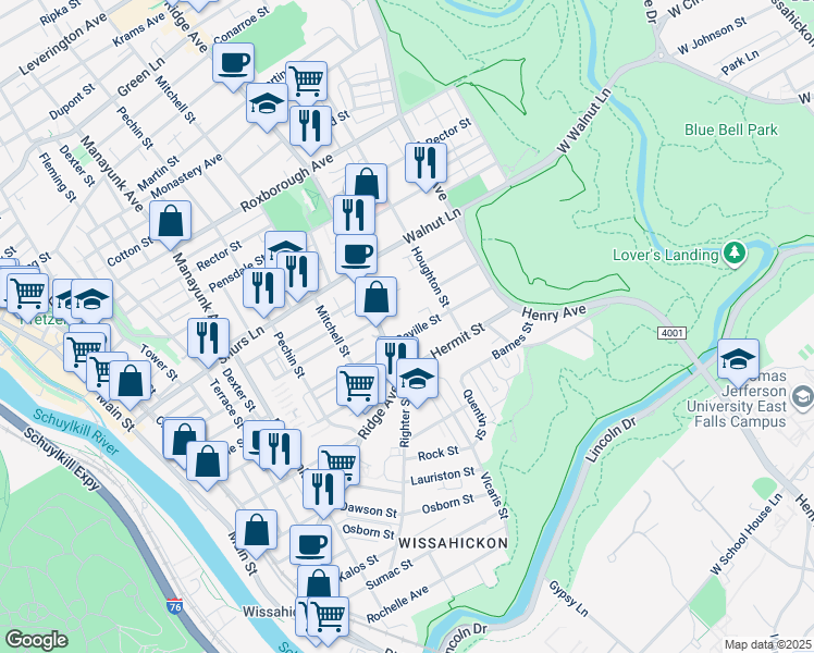 map of restaurants, bars, coffee shops, grocery stores, and more near 512 Seville Street in Philadelphia