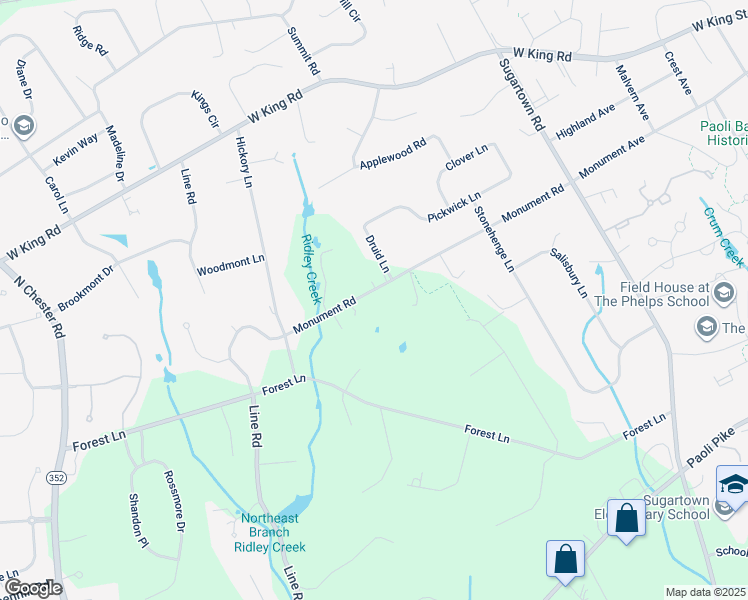 map of restaurants, bars, coffee shops, grocery stores, and more near 1 Lucas Lane in Malvern