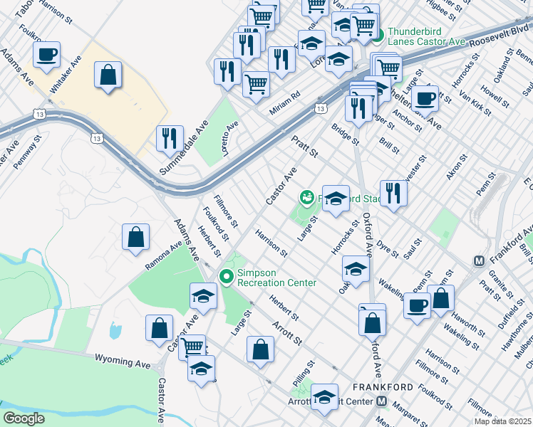 map of restaurants, bars, coffee shops, grocery stores, and more near 1005 Allengrove Street in Philadelphia