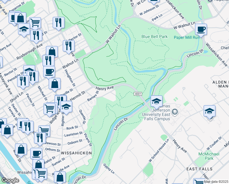 map of restaurants, bars, coffee shops, grocery stores, and more near 5280 Hermit Lane in Philadelphia