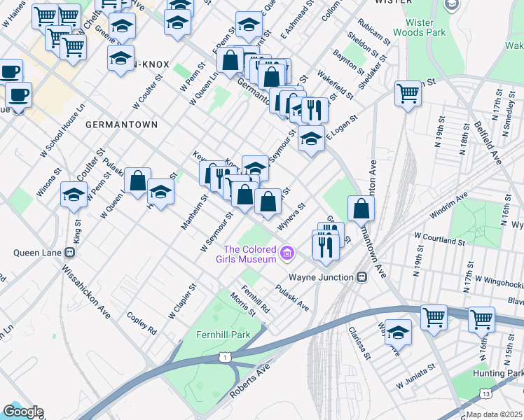 map of restaurants, bars, coffee shops, grocery stores, and more near 4914 Keyser Street in Philadelphia